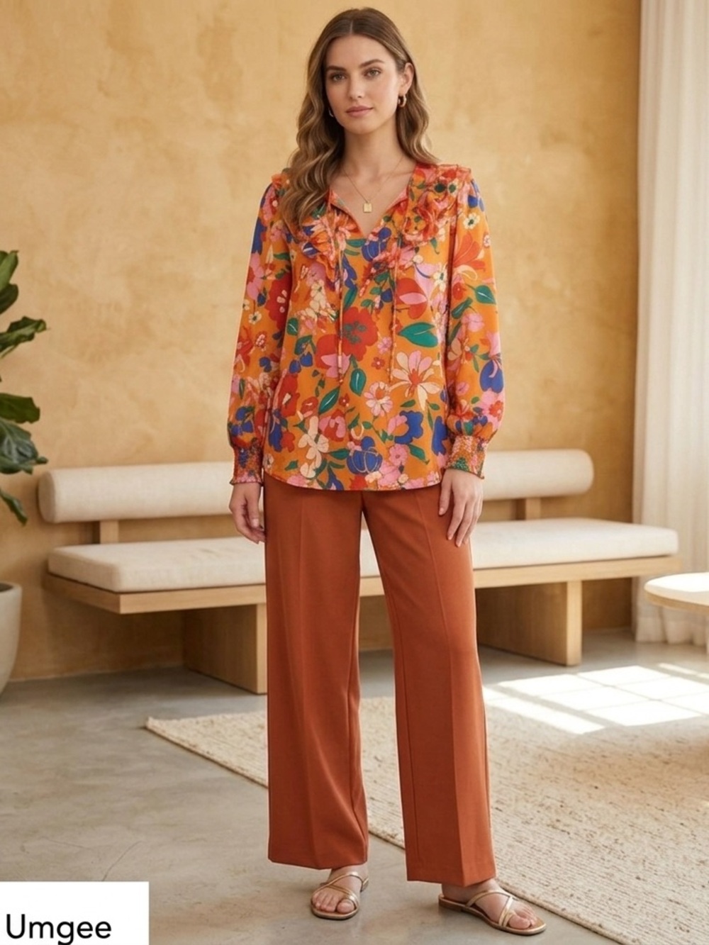 030-Umgee Floral Ruffle Blouse - Orange Multi